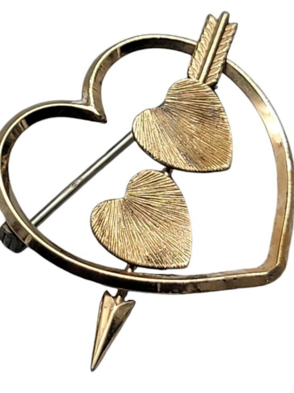 Krementz Brooch Gold Plated Triple Heart & Arrow Signed Vintage Pin